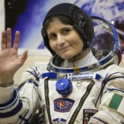 Italian astronaut Samantha Cristoforetti, crew member of the mission to the International Space Station, ISS, waves prior to the launch of Soyuz-FG rocket at the Russian leased Baikonur cosmodrome, Kazakhstan, Sunday, Nov. 23, 2014.  (AP Photo/Dmitry Lovetsky)